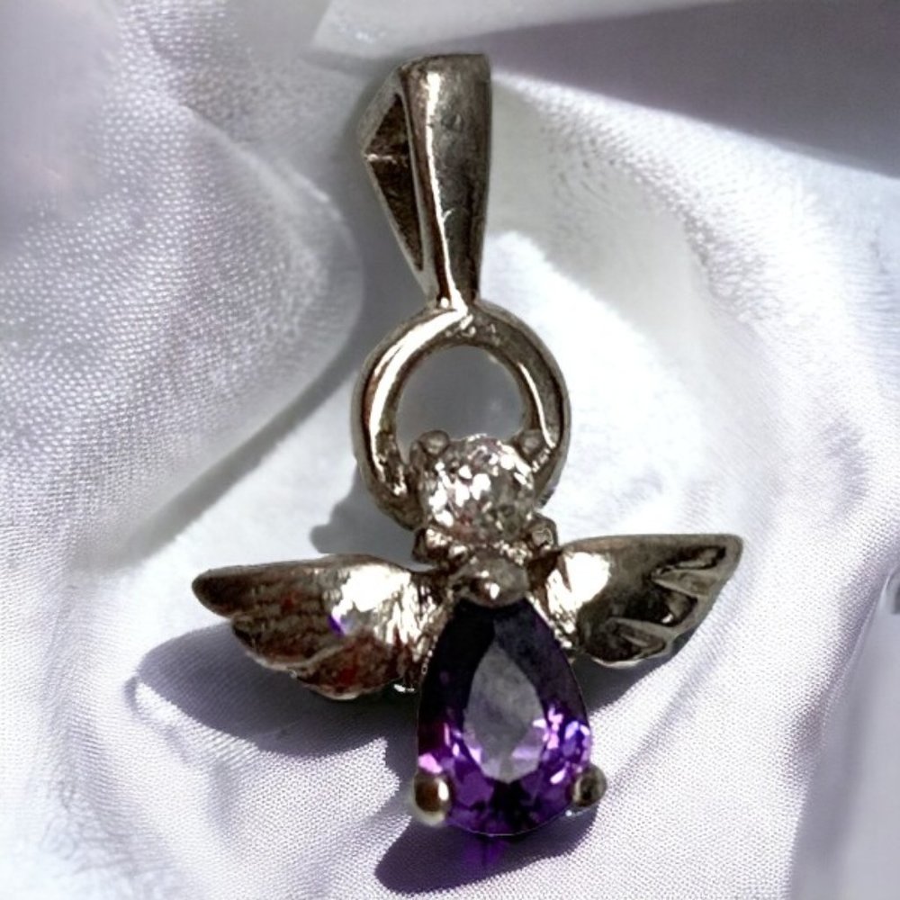 WS 925 Sterling Silver and Amethyst Flying‎ Angel Pendant